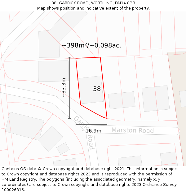 38, GARRICK ROAD, WORTHING, BN14 8BB: Plot and title map