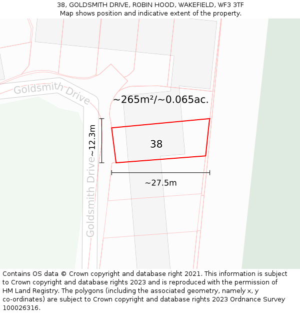 38, GOLDSMITH DRIVE, ROBIN HOOD, WAKEFIELD, WF3 3TF: Plot and title map