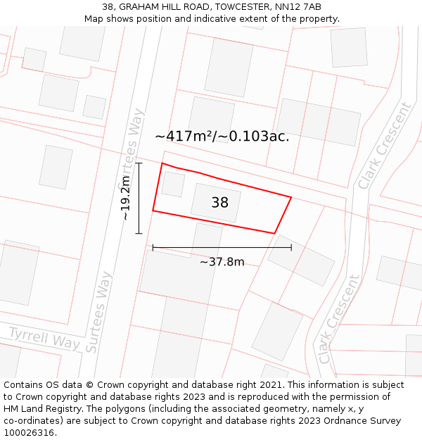 38, GRAHAM HILL ROAD, TOWCESTER, NN12 7AB: Plot and title map