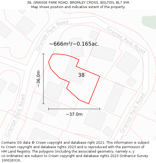 38, GRANGE PARK ROAD, BROMLEY CROSS, BOLTON, BL7 9YA: Plot and title map