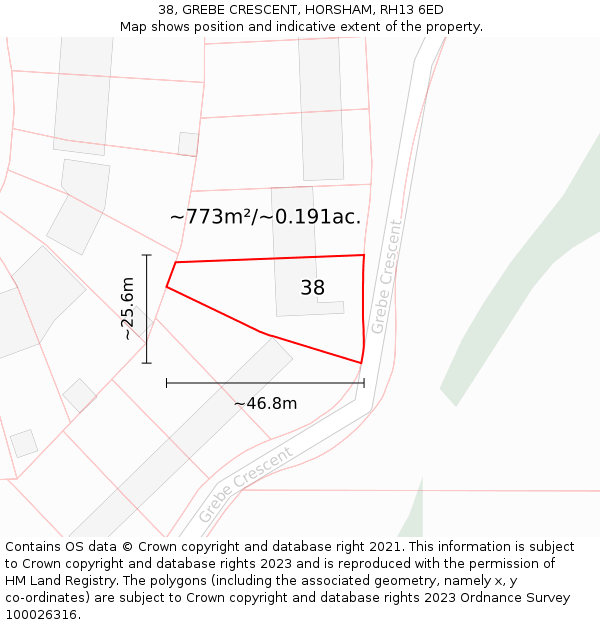 38, GREBE CRESCENT, HORSHAM, RH13 6ED: Plot and title map