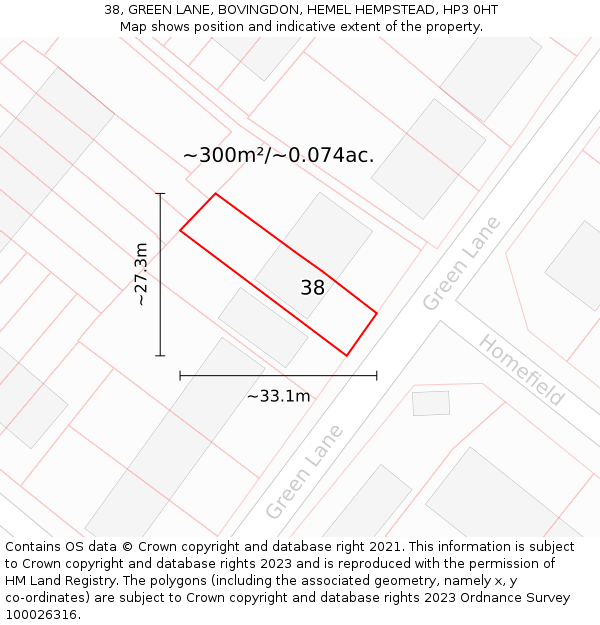 38, GREEN LANE, BOVINGDON, HEMEL HEMPSTEAD, HP3 0HT: Plot and title map