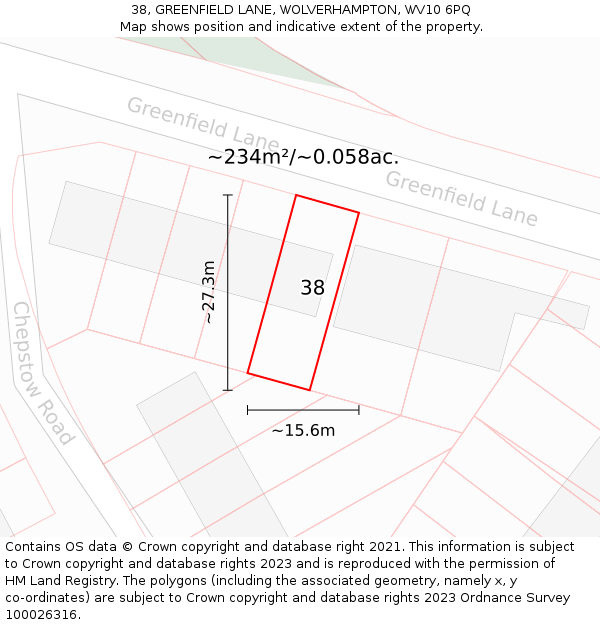 38, GREENFIELD LANE, WOLVERHAMPTON, WV10 6PQ: Plot and title map