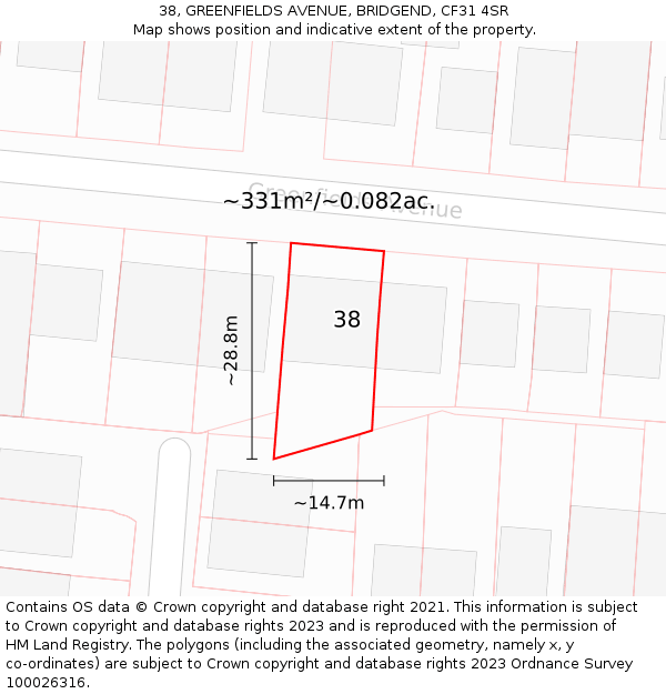 38, GREENFIELDS AVENUE, BRIDGEND, CF31 4SR: Plot and title map