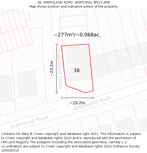 38, GREENLAND ROAD, WORTHING, BN13 2RW: Plot and title map