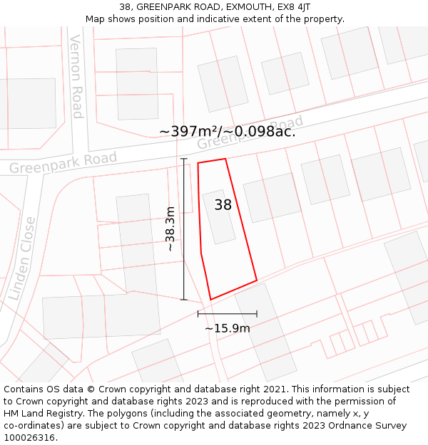 38, GREENPARK ROAD, EXMOUTH, EX8 4JT: Plot and title map