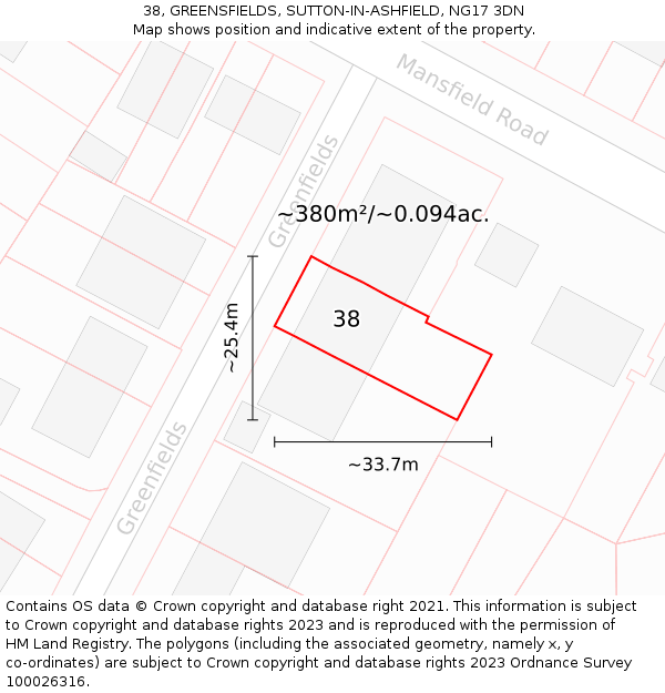 38, GREENSFIELDS, SUTTON-IN-ASHFIELD, NG17 3DN: Plot and title map