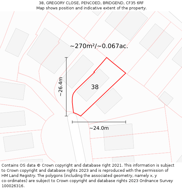 38, GREGORY CLOSE, PENCOED, BRIDGEND, CF35 6RF: Plot and title map