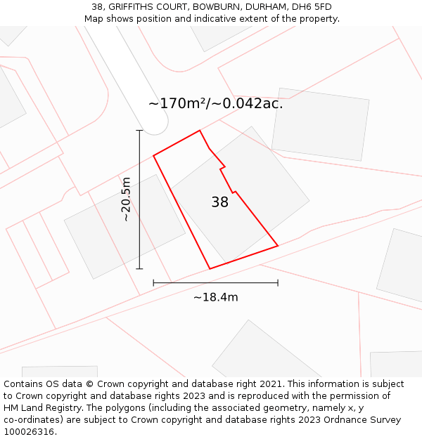38, GRIFFITHS COURT, BOWBURN, DURHAM, DH6 5FD: Plot and title map