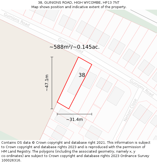 38, GUINIONS ROAD, HIGH WYCOMBE, HP13 7NT: Plot and title map