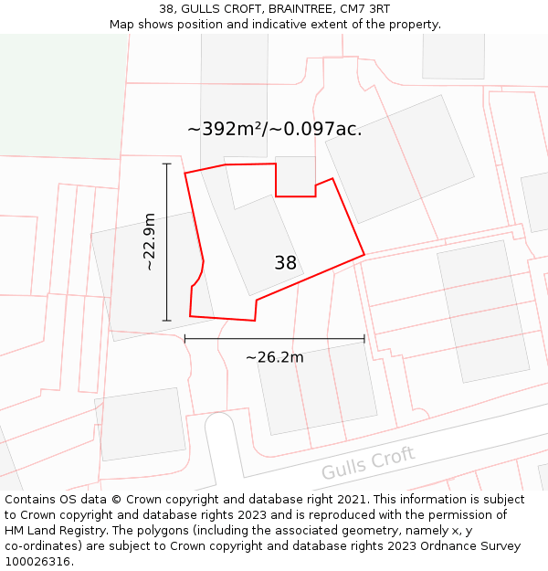 38, GULLS CROFT, BRAINTREE, CM7 3RT: Plot and title map