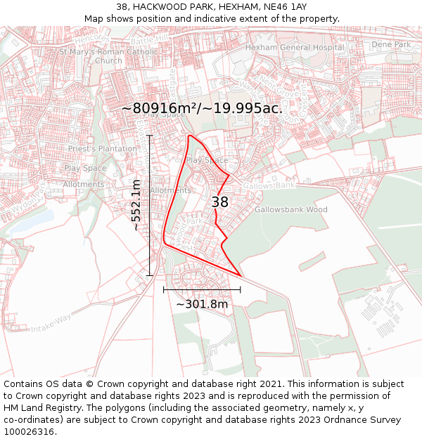 38, HACKWOOD PARK, HEXHAM, NE46 1AY: Plot and title map