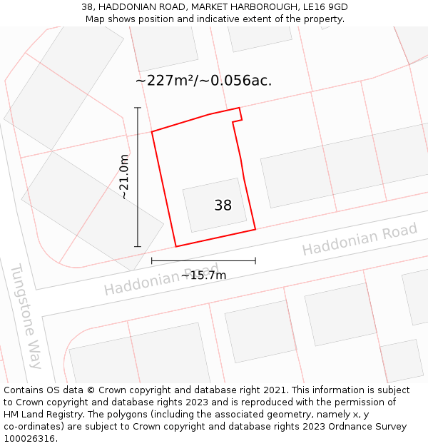 38, HADDONIAN ROAD, MARKET HARBOROUGH, LE16 9GD: Plot and title map