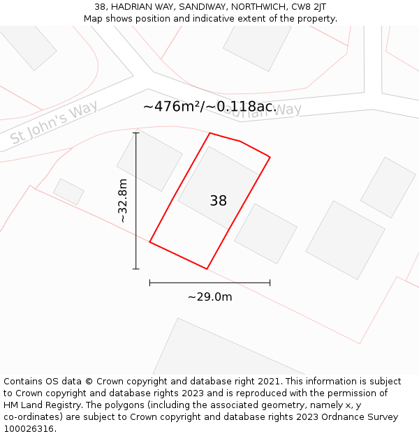 38, HADRIAN WAY, SANDIWAY, NORTHWICH, CW8 2JT: Plot and title map