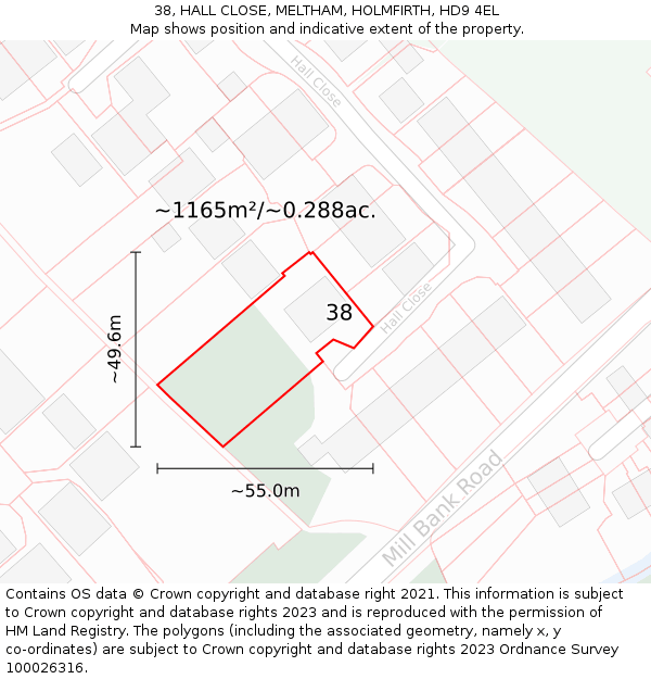 38, HALL CLOSE, MELTHAM, HOLMFIRTH, HD9 4EL: Plot and title map