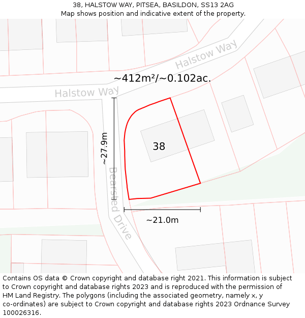 38, HALSTOW WAY, PITSEA, BASILDON, SS13 2AG: Plot and title map