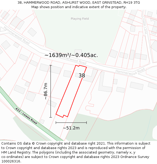 38, HAMMERWOOD ROAD, ASHURST WOOD, EAST GRINSTEAD, RH19 3TG: Plot and title map