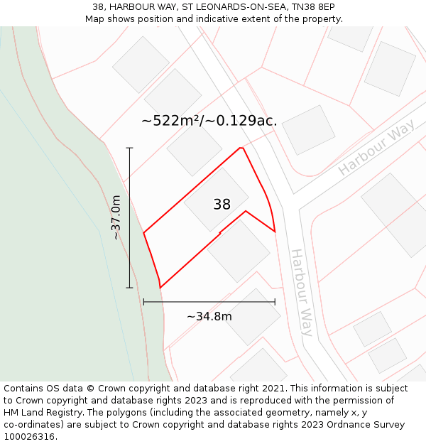 38, HARBOUR WAY, ST LEONARDS-ON-SEA, TN38 8EP: Plot and title map
