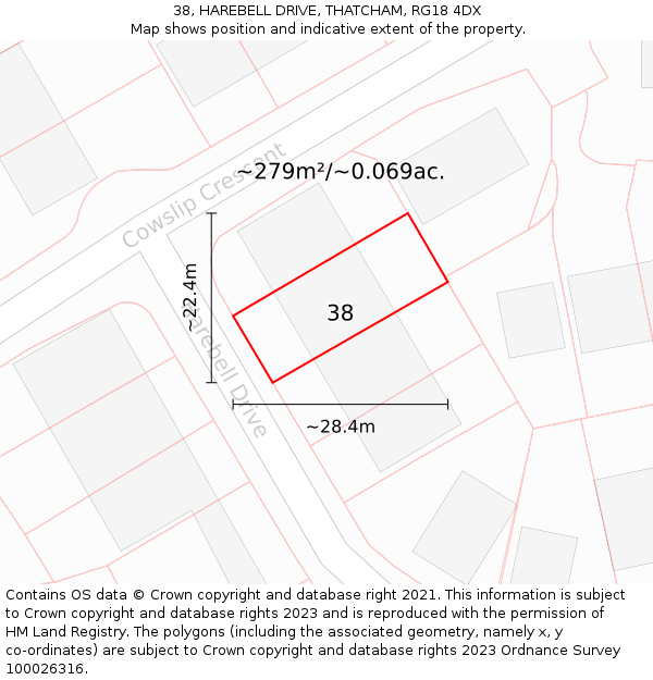 38, HAREBELL DRIVE, THATCHAM, RG18 4DX: Plot and title map