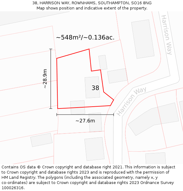 38, HARRISON WAY, ROWNHAMS, SOUTHAMPTON, SO16 8NG: Plot and title map