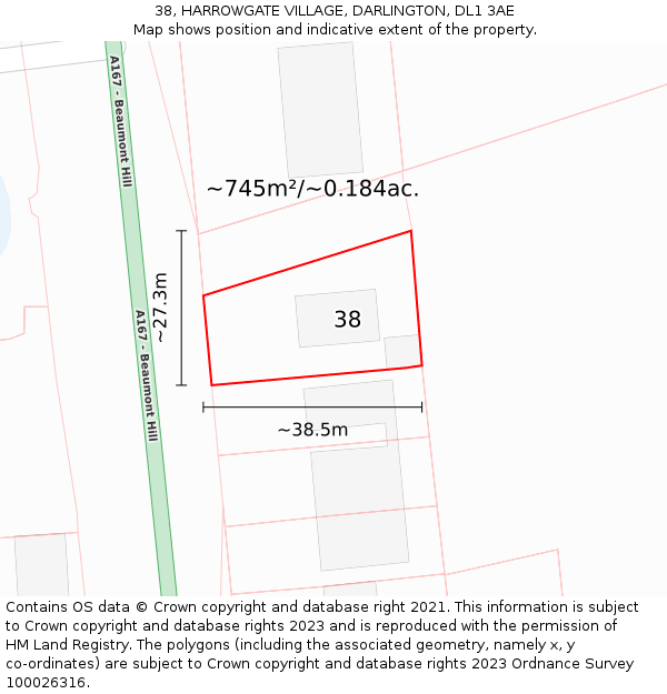 38, HARROWGATE VILLAGE, DARLINGTON, DL1 3AE: Plot and title map