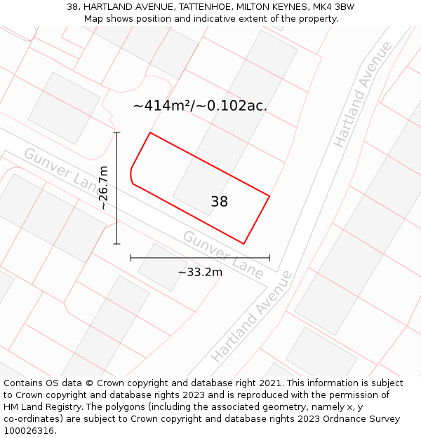 38, HARTLAND AVENUE, TATTENHOE, MILTON KEYNES, MK4 3BW: Plot and title map