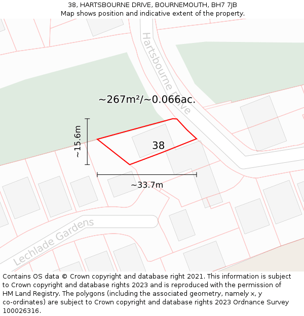 38, HARTSBOURNE DRIVE, BOURNEMOUTH, BH7 7JB: Plot and title map