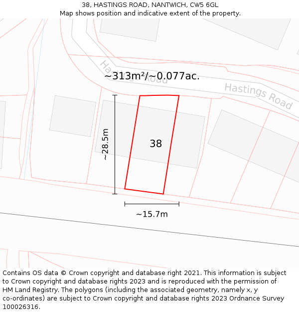 38, HASTINGS ROAD, NANTWICH, CW5 6GL: Plot and title map