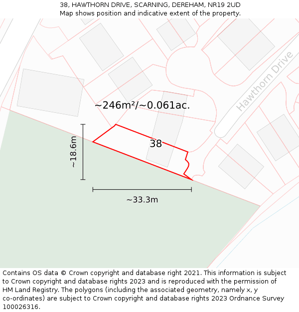 38, HAWTHORN DRIVE, SCARNING, DEREHAM, NR19 2UD: Plot and title map