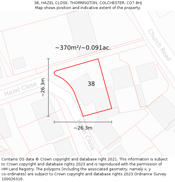 38, HAZEL CLOSE, THORRINGTON, COLCHESTER, CO7 8HJ: Plot and title map