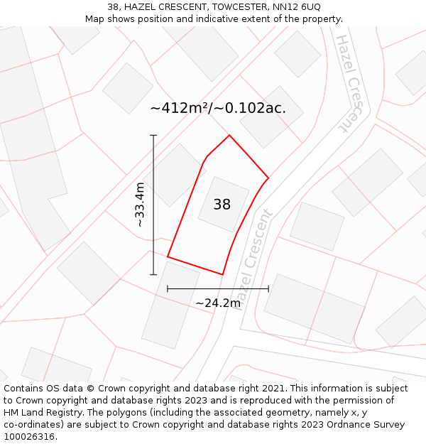 38, HAZEL CRESCENT, TOWCESTER, NN12 6UQ: Plot and title map