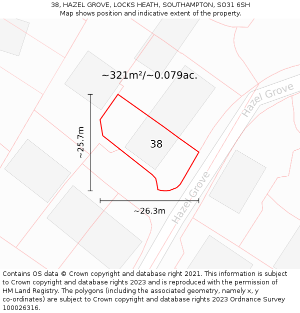 38, HAZEL GROVE, LOCKS HEATH, SOUTHAMPTON, SO31 6SH: Plot and title map