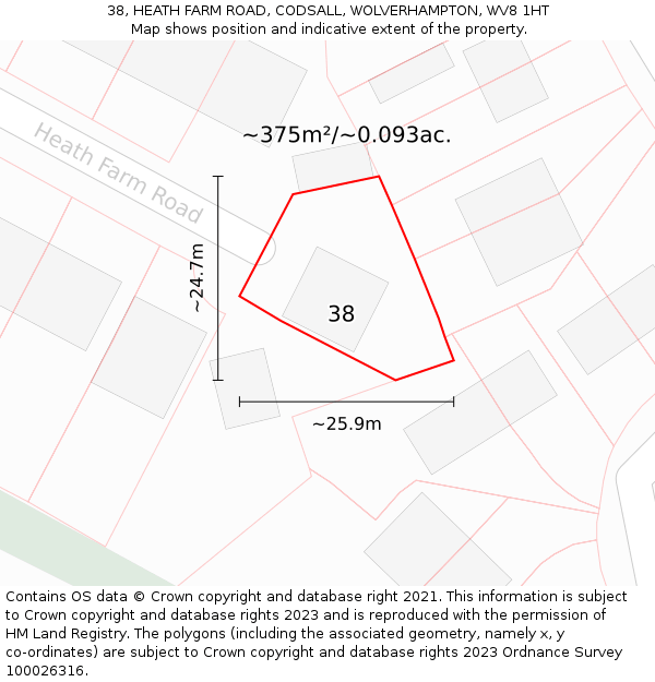 38, HEATH FARM ROAD, CODSALL, WOLVERHAMPTON, WV8 1HT: Plot and title map