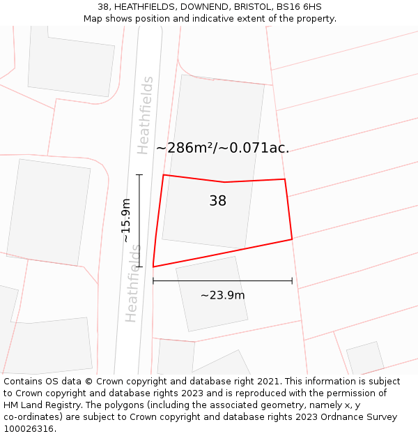 38, HEATHFIELDS, DOWNEND, BRISTOL, BS16 6HS: Plot and title map
