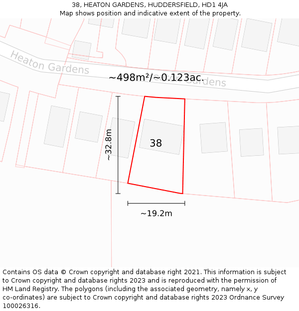 38, HEATON GARDENS, HUDDERSFIELD, HD1 4JA: Plot and title map