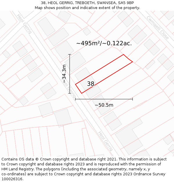 38, HEOL GERRIG, TREBOETH, SWANSEA, SA5 9BP: Plot and title map