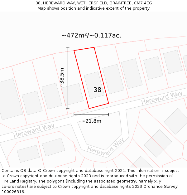 38, HEREWARD WAY, WETHERSFIELD, BRAINTREE, CM7 4EG: Plot and title map