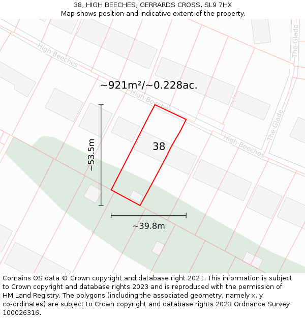 38, HIGH BEECHES, GERRARDS CROSS, SL9 7HX: Plot and title map