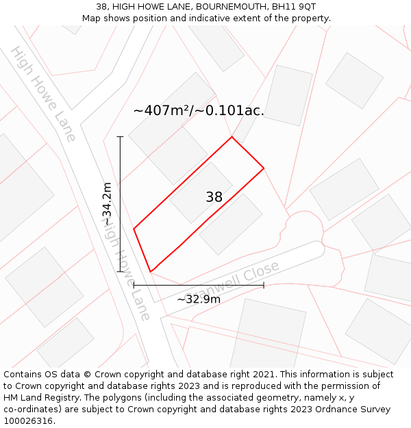 38, HIGH HOWE LANE, BOURNEMOUTH, BH11 9QT: Plot and title map