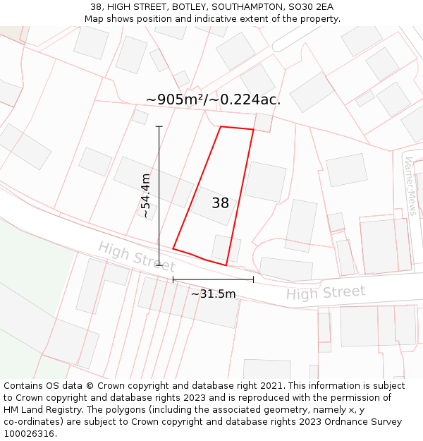 38, HIGH STREET, BOTLEY, SOUTHAMPTON, SO30 2EA: Plot and title map