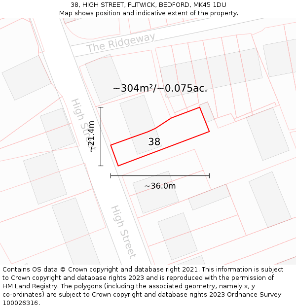 38, HIGH STREET, FLITWICK, BEDFORD, MK45 1DU: Plot and title map
