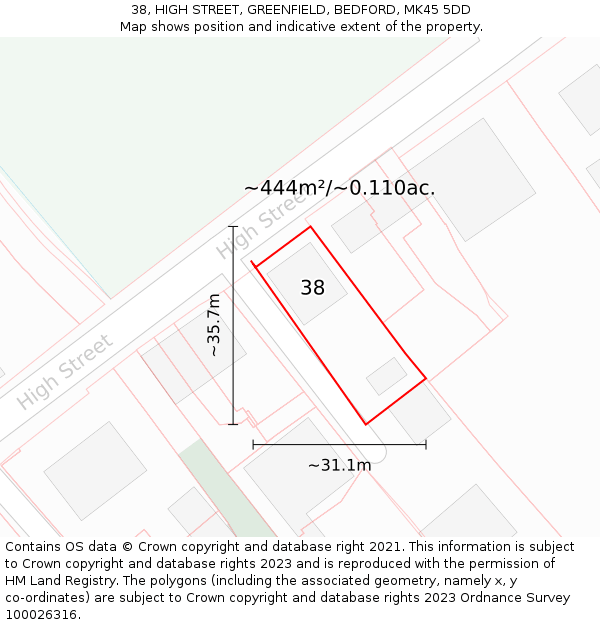 38, HIGH STREET, GREENFIELD, BEDFORD, MK45 5DD: Plot and title map