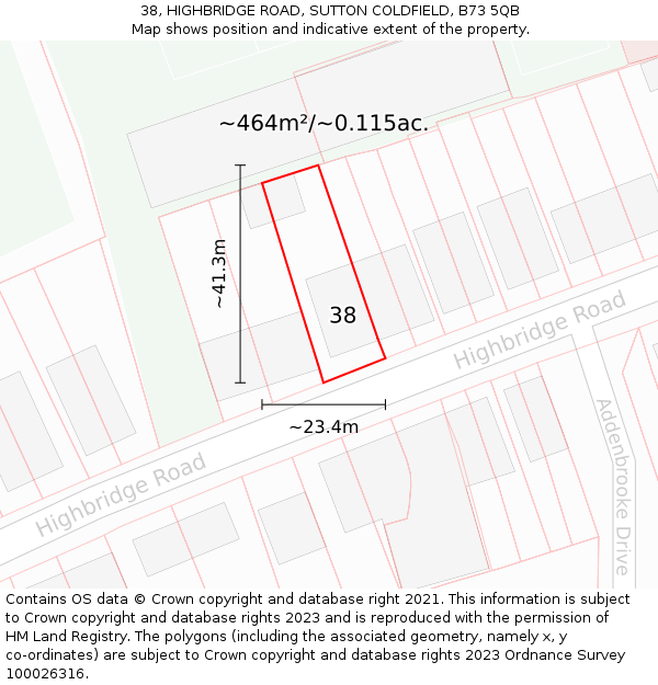 38, HIGHBRIDGE ROAD, SUTTON COLDFIELD, B73 5QB: Plot and title map
