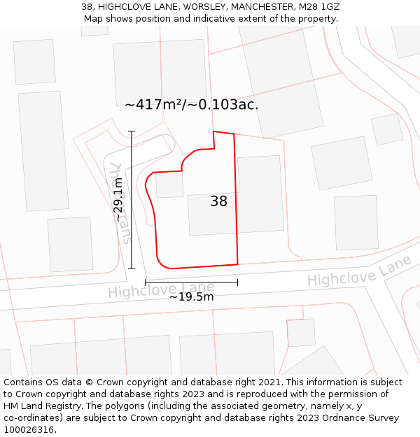 38, HIGHCLOVE LANE, WORSLEY, MANCHESTER, M28 1GZ: Plot and title map