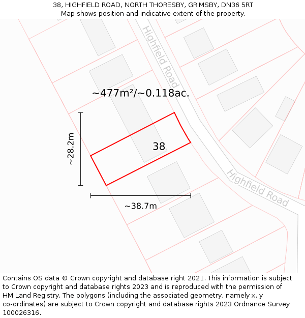 38, HIGHFIELD ROAD, NORTH THORESBY, GRIMSBY, DN36 5RT: Plot and title map