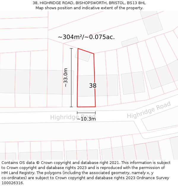 38, HIGHRIDGE ROAD, BISHOPSWORTH, BRISTOL, BS13 8HL: Plot and title map