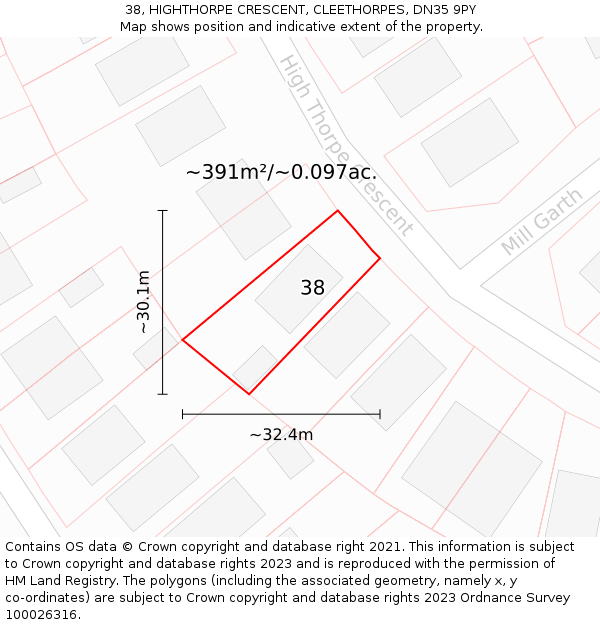 38, HIGHTHORPE CRESCENT, CLEETHORPES, DN35 9PY: Plot and title map