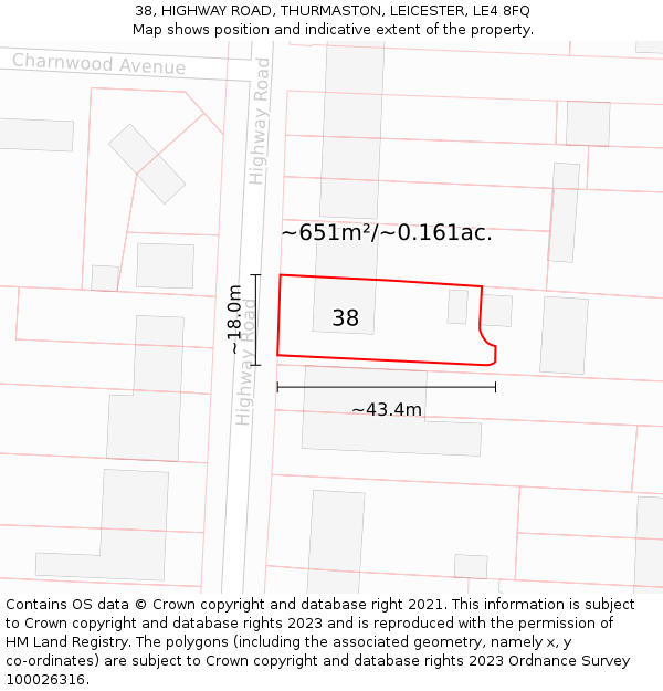 38, HIGHWAY ROAD, THURMASTON, LEICESTER, LE4 8FQ: Plot and title map