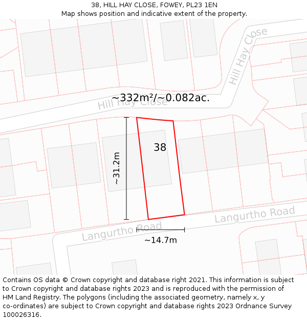 38, HILL HAY CLOSE, FOWEY, PL23 1EN: Plot and title map