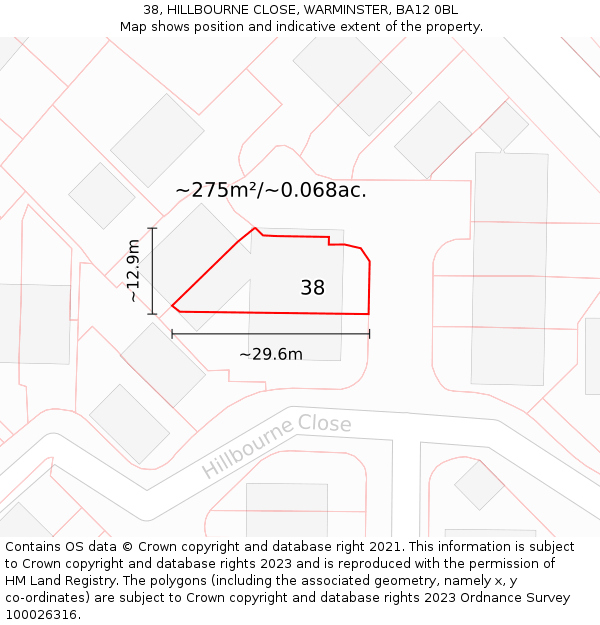 38, HILLBOURNE CLOSE, WARMINSTER, BA12 0BL: Plot and title map